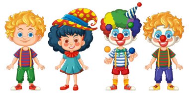 Şakacı palyaçolar gibi giyinmiş dört çocuk