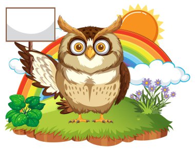 Baykuş gökkuşağı ve güneşle çimlerin üzerinde duruyor