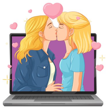 Laptop ekranından öpüşen iki kadın.