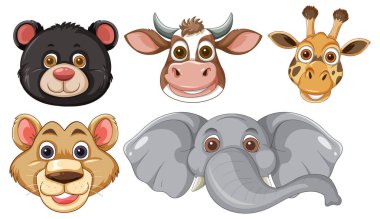 Kocaman gözleri olan sevimli çizgi film hayvan yüzleri.