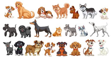 Farklı pozlarda bir sürü çizgi film köpeği var.