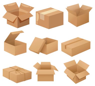 Çeşitli açık pozisyonlarda farklı karton kutular