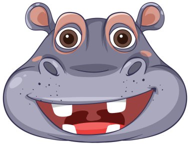 Kocaman gözleri ve dişleri olan gülümseyen su aygırı.