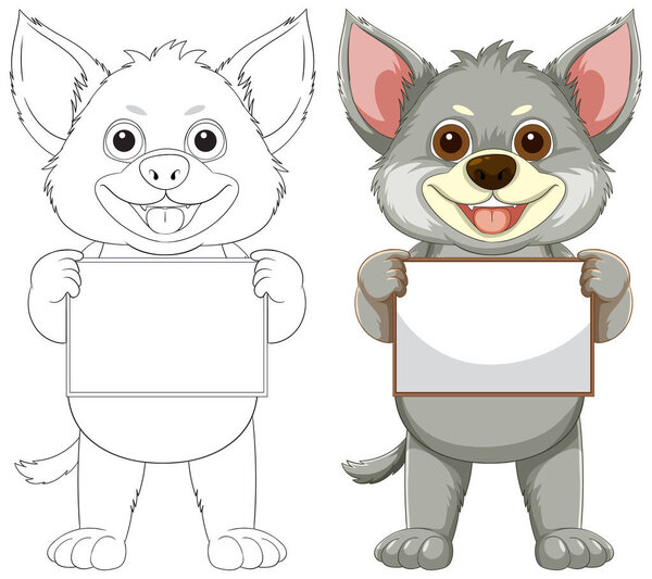 Two cartoon animals with blank signs, smiling happily