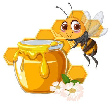 Tatlı bir arı bal kavanozunun yanında ve çiçekler