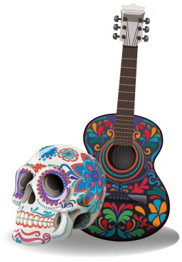 Çiçek tasarımlı canlı kafatası ve gitar.