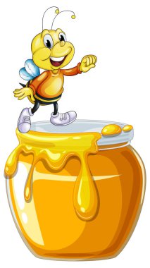 Bal kavanozunda duran mutlu bir arı.