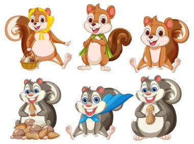 Atkısı ve fındığı olan altı şakacı sincap.