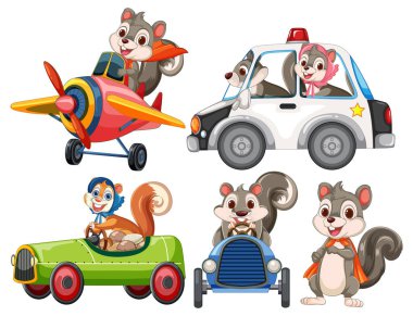 Squirrels driving various colorful vehicles with excitement clipart