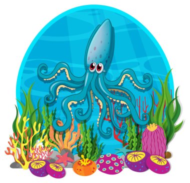 Vibrant octopus surrounded by coral and sea plants clipart