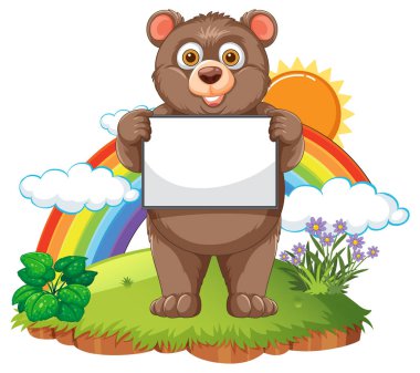 Elinde boş bir işaret tutan sevimli bir ayı.