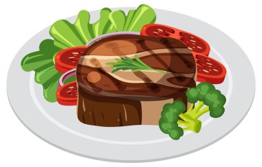 Domates ve yeşillikle servis edilen lezzetli biftek.