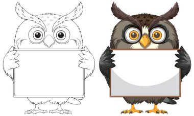 Two owls with blank signs for messages clipart