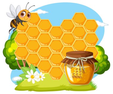 A bee near honeycomb and honey jar outdoors clipart