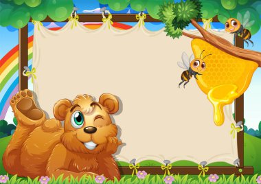 Bir ayı bal peteği ve arıların yanında göz kırpar