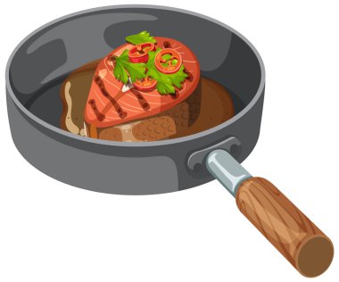 Tavada baharat ve bitkilerle sulu biftek.