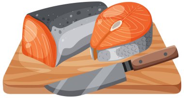 Tahtada bıçakla dilimlenmiş somon balığı.