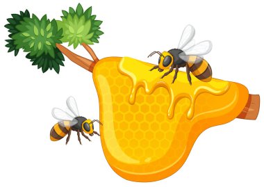 Ağaç dalından bal toplayan iki arı.