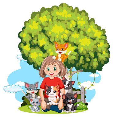 A girl surrounded by six playful cats clipart