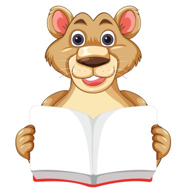 Sevimli aslan yavrusu açık bir kitap tutuyor.