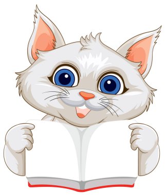 Sevimli kedi açık bir kitap tutuyor, mutlu bir şekilde gülümsüyor.