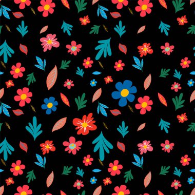 Karanlık bir arka planda canlı çiçekler ve yapraklar.