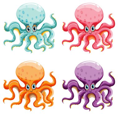 Four vibrant octopuses with playful expressions clipart