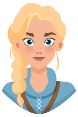 Saçları örgülü sarışın bir kadının resmi.