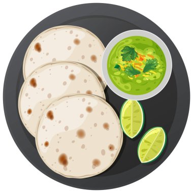 Guacamole ve limon dilimleriyle servis edilen tortilla.