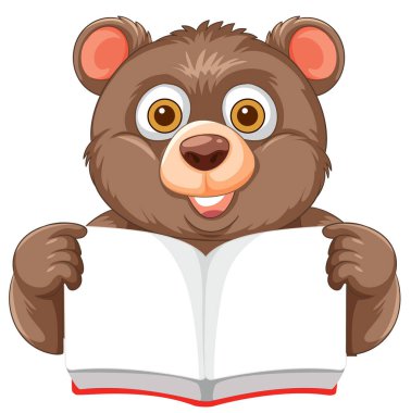Sevimli ayı açık bir kitap tutuyor, mutlu bir şekilde gülümsüyor.