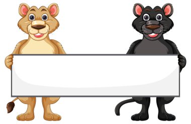 Çizgi film hayvanları boş bir dikdörtgen tabela tutuyorlar.