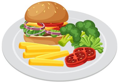 Patates kızartması ve sebzeyle servis edilen lezzetli bir hamburger.