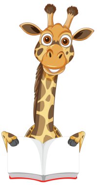 Açık bir kitap tutan neşeli bir zürafa.