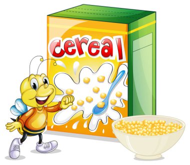 Mısır gevreği kutusu ve kase yanında mutlu arı