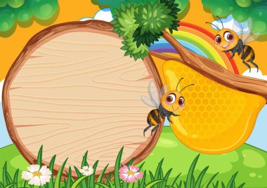 Canlı doğa geçmişi olan bal peteğinin yanında mutlu arılar.