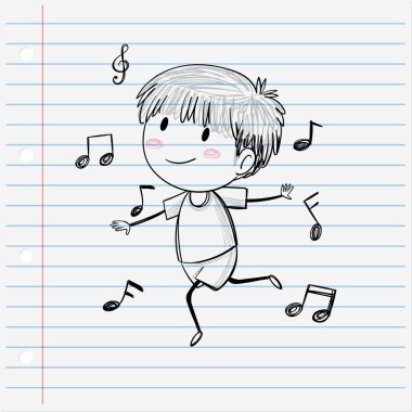 Müzik notalarıyla çevrili mutlu çocuk dansı