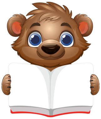 Sevimli ayı açık bir kitap tutuyor, neşeyle öğreniyor.