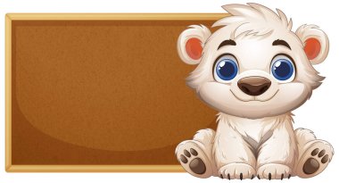 Sevimli ayı boş bir tahta tabelanın yanında oturuyor.