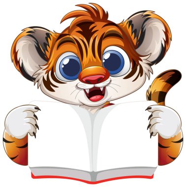 Sevimli kaplan yavrusu açık bir kitap tutuyor.