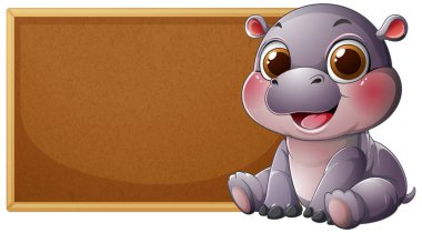 Adorable hippo sitting beside an empty chalkboard clipart