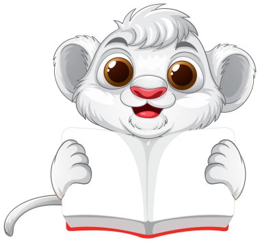 Sevimli aslan yavrusu açık bir kitap tutuyor.