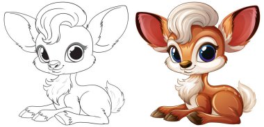 Büyük gözleri ve tüylü kuyruğu olan sevimli çizgi film geyiği.