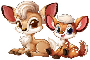 İki tatlı geyik birlikte oturuyor, mutlu bir şekilde gülümsüyor.