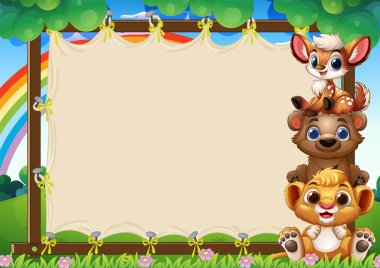 Dışarıdaki boş bir çerçevenin yanına dizilmiş sevimli hayvanlar.