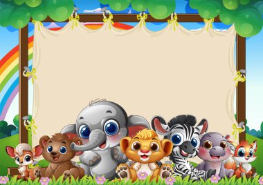 Adorable animals gathered under a rainbow and trees clipart