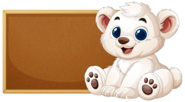 Sevimli ayı yavrusu boş bir tabelanın yanında oturuyor.