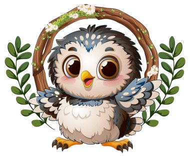 Adorable owl surrounded by a floral wreath clipart