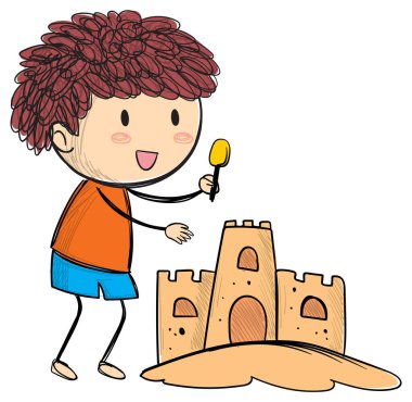 Mutlu çocuk neşeyle kumdan kale yapıyor.