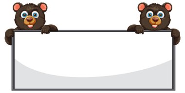 İki çizgi film ayısı boş bir dikdörtgen tabela tutuyor.