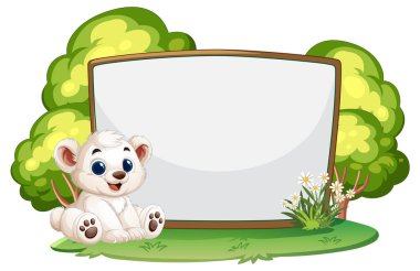 Sevimli ayı boş bir tabelanın yanında oturuyor.